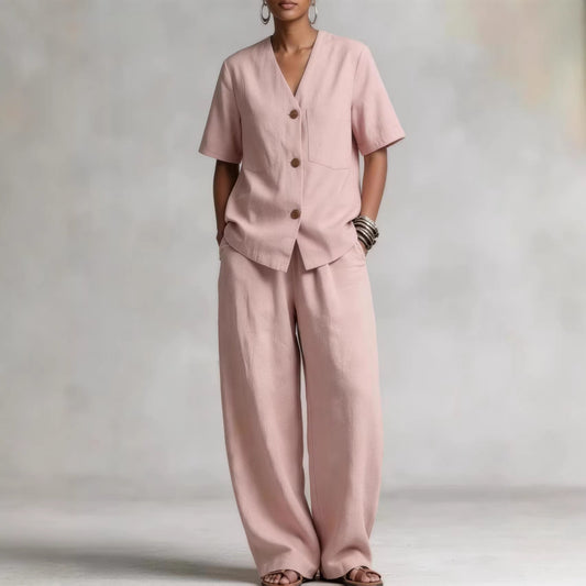 Summer Linen Solid-color Collarless Short-sleeve Top And Casual Wide-leg Pants