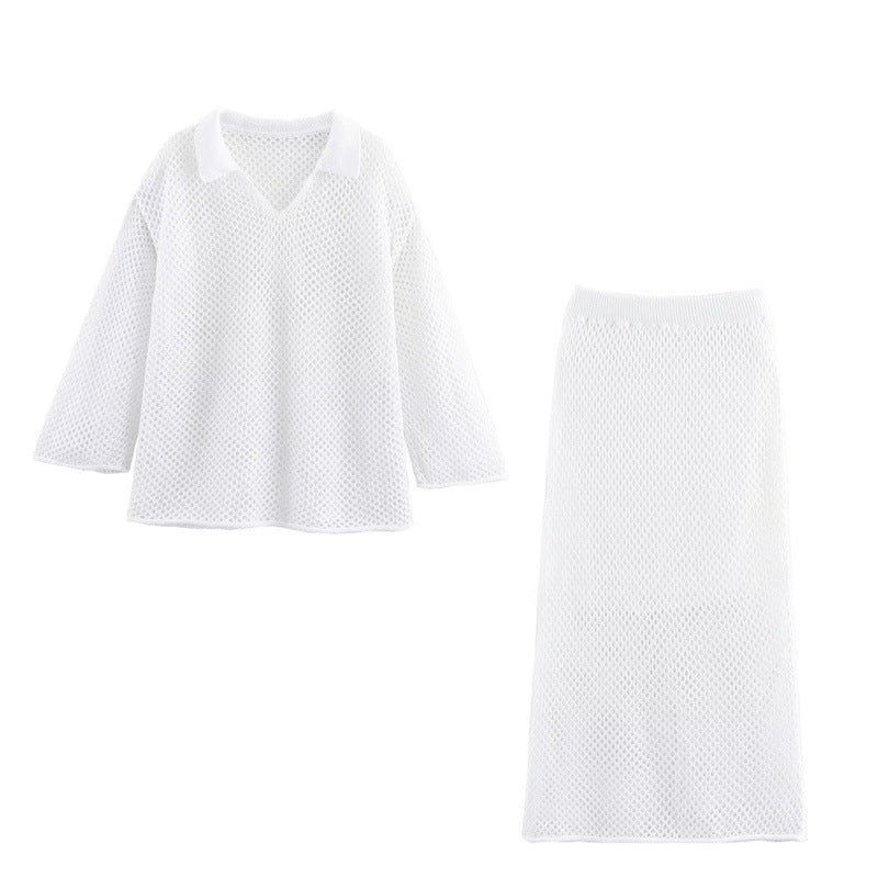Hollow Long Sleeve Knitted Skirt Suit