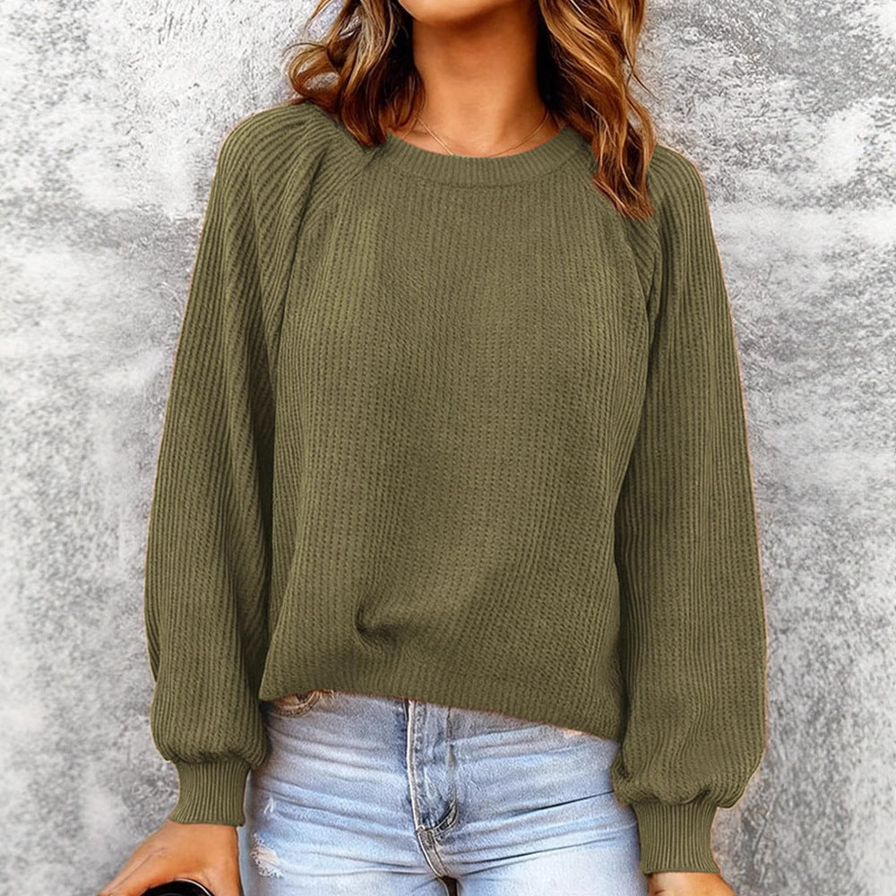 Fashionable Solid-Color Waffle-Knit Long-Sleeve Pullover Top