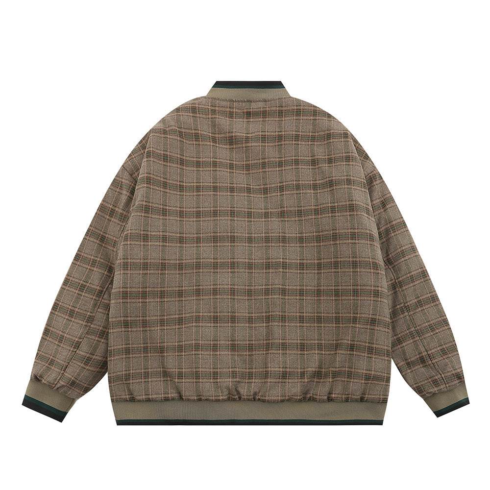 American Retro Plaid Baseball Stand Collar Coat Cotton-padded Jacket