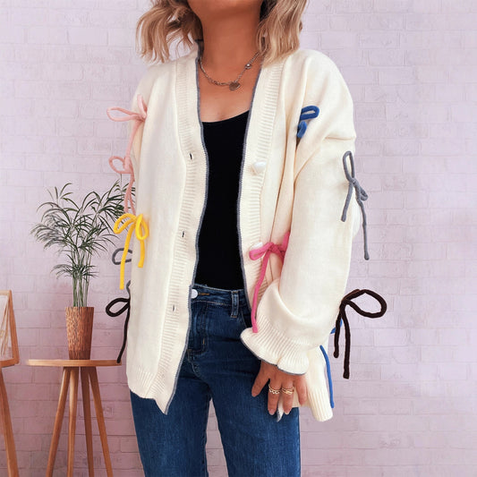 Cute Street Color Bow Decorative Single-breasted Knitted Sweater