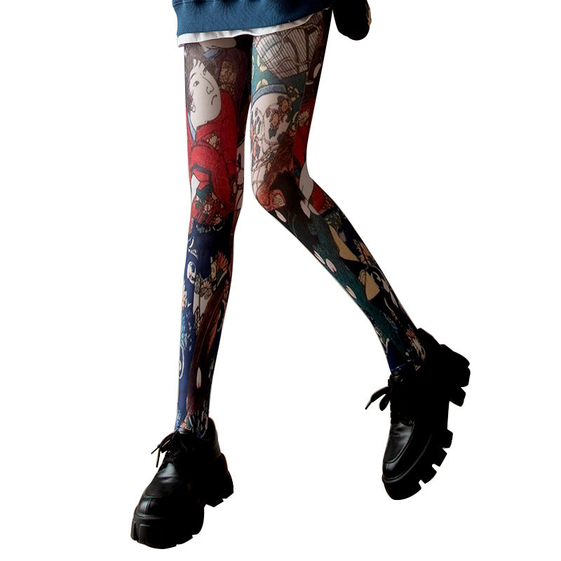 Thin Fashion Vintage Pantyhose Spring And Autumn Flower Print