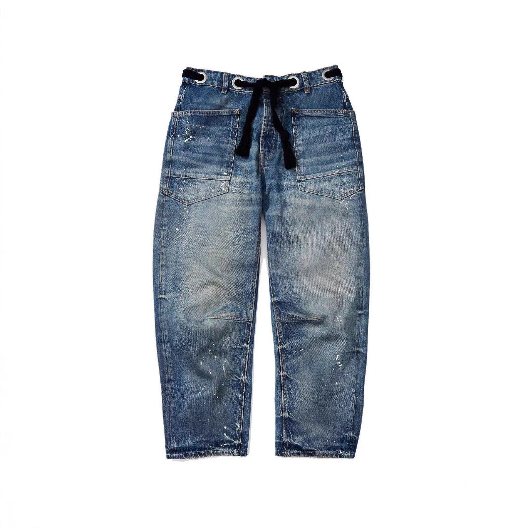 Women's Loose Straight Drawstring Splash-ink Design Casual Jeans