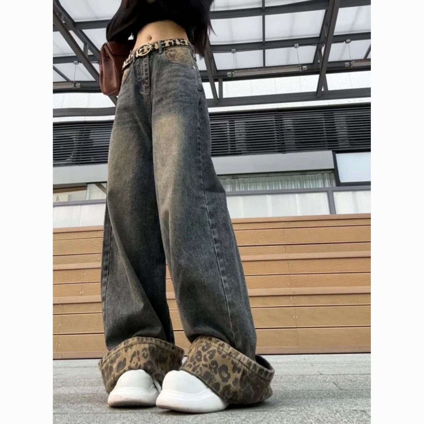 Women's Retro Patchwork Leopard-print Curling Jeans