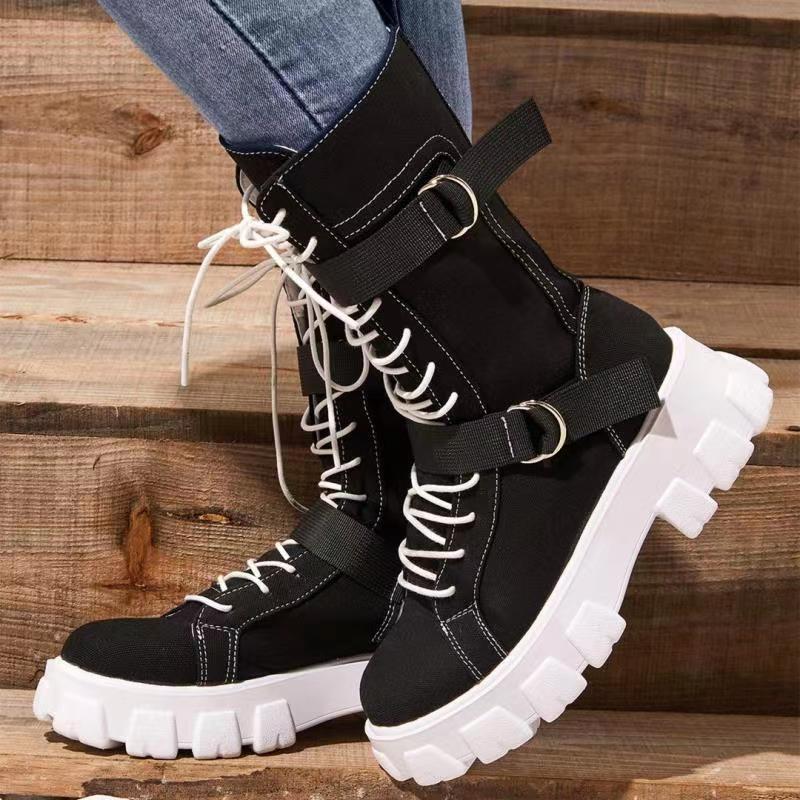 Canvas High-top Solid Color Platform Casual Round Toe Lace-up Motorcycle Boots