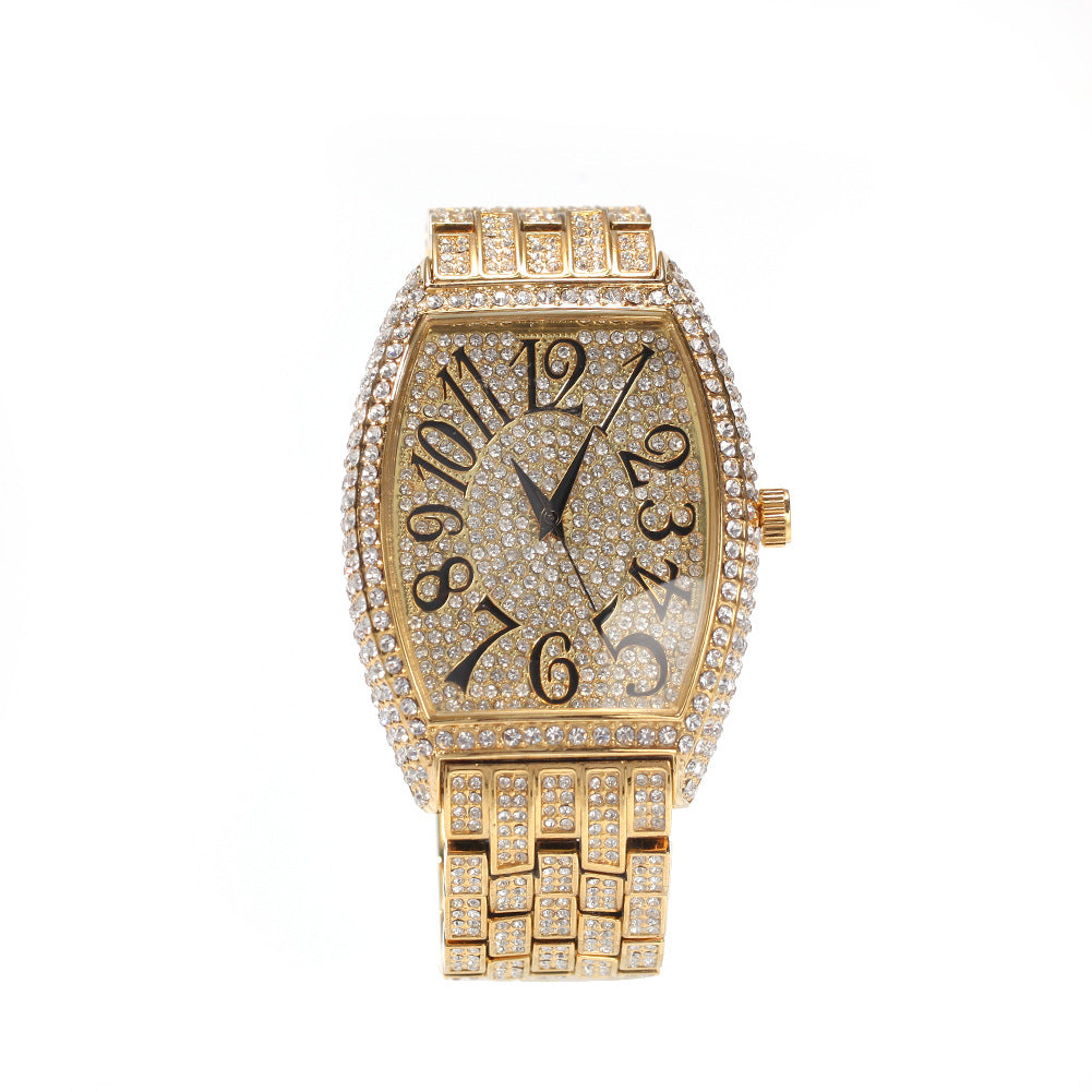 Large tonneau-shaped dial with full diamonds