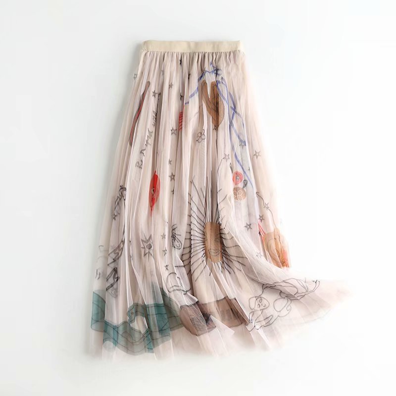 High Waist Slimming Printed Mesh Mid-length Skirt