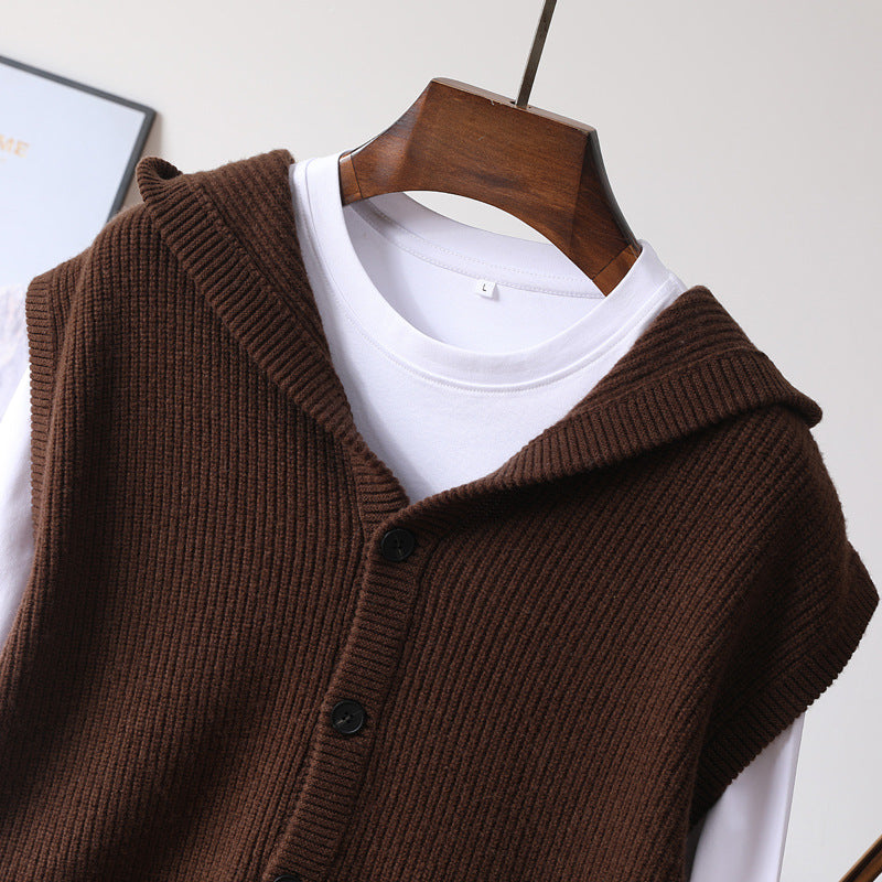 Hooded Cardigan Men's Waistcoat Pure Wool Sleeveless Knitted