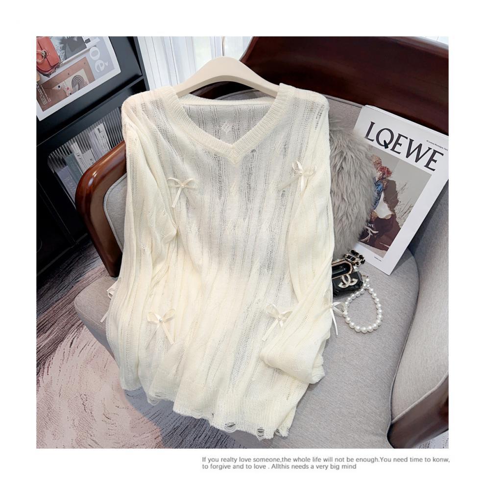 Irregular Hollow-out Blouse Bowknot Knitted Sweater