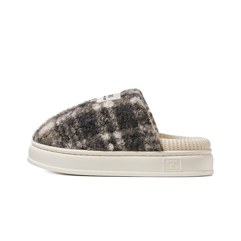 Winter Home Warm Antibacterial Retro Plaid Fleece-lined Thick Slippers