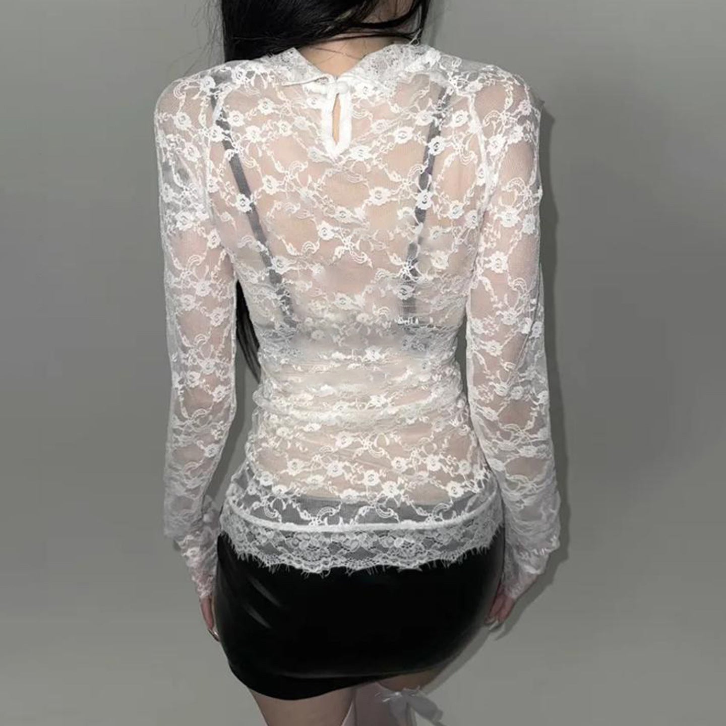 Lace-printed Fitted Crew-neck Long-sleeve T-shirt With A Patchwork Design