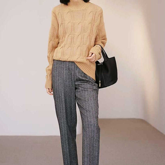 Artistic Vintage Twisted Pattern Full Wool Turtleneck Drop-shoulder Sleeve Knitted Pullover Autumn Women