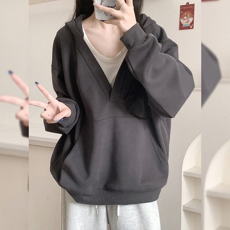 Gray Hooded Sweater For Women Fleece-lined Thick Loose Casual Sweatshirt