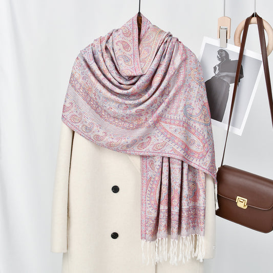 Cashew Printed Thick Jacquard Tassel Shawl For Women