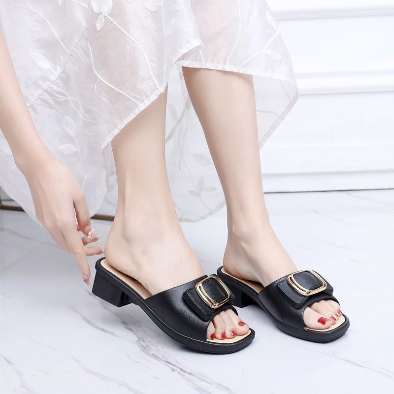 High Heel Slippers Women's Summer Slippers Korean Style Internet Celebrity Buckle Chunky Heel Lady Mom Slippers Outdoor Beach Shoes