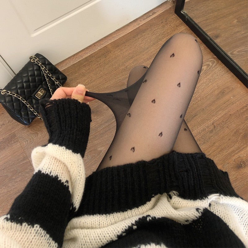 Jacquard Patterned Silk Stockings With Polka Dots And Heart Motifs Sexy Black Sheer Pantyhose