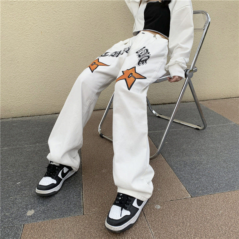 Retro Love Gothic Printed Jeans For Men And Women Loose-fitting Wide-leg Trousers