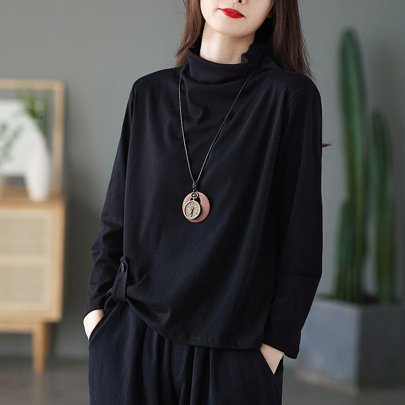 Womens Retro Half-Neck Button-Down Long-Sleeve T-Shirt