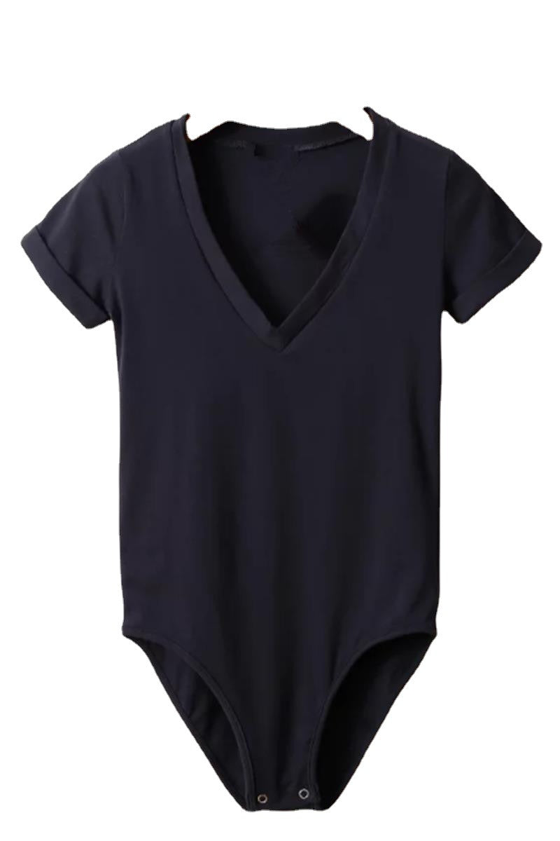 Women's Fashion Solid Color Stretch Slim V-neck Short Sleeve Rompers