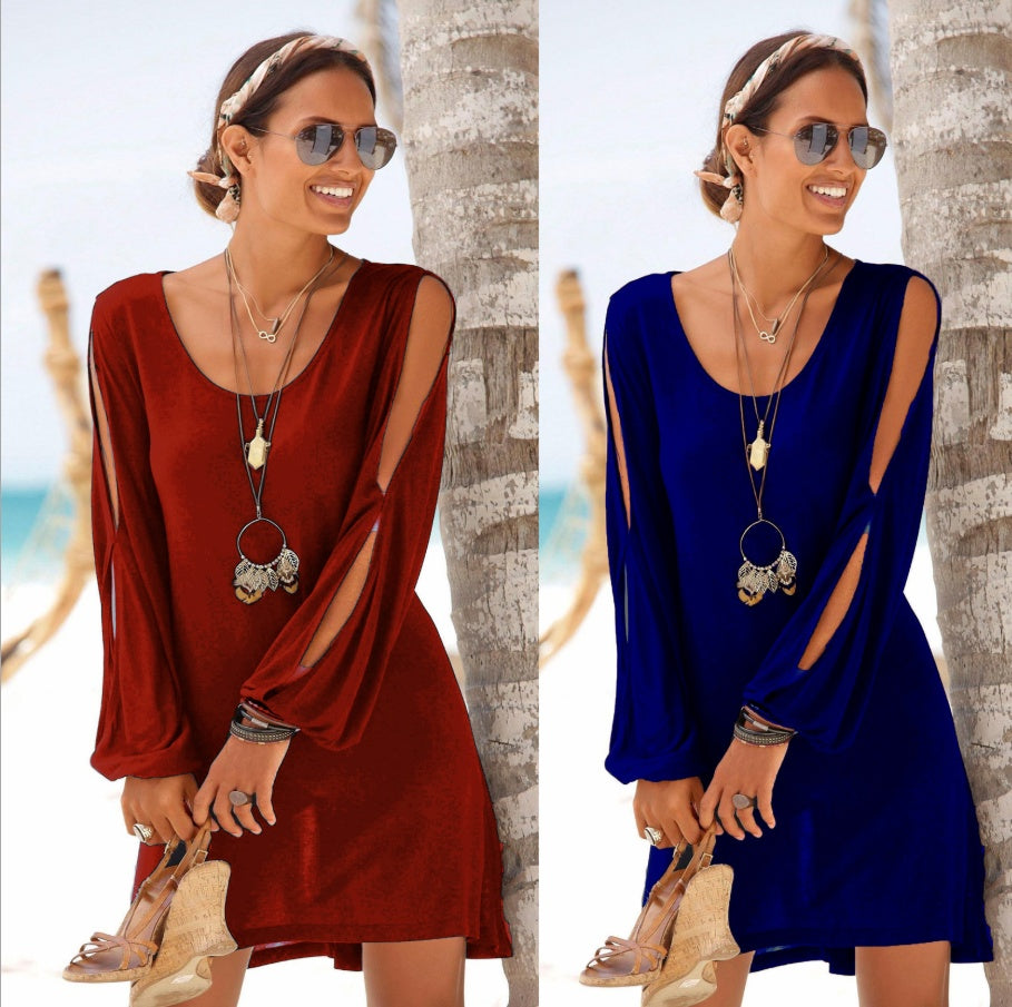 Dress Deep V-neck Loose Shoulder Long Sleeve Casual Beach Dress