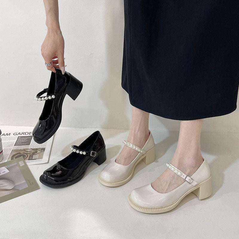 Pearl British Small Leather Shoes Female Summer Thin Section With Skirt Thick Heel Retro