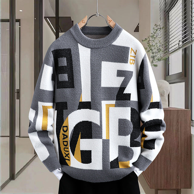 Mænds Brev Jacquard Rund Hals Løs Casual Sweater