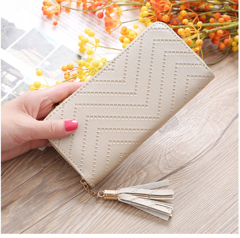 New women's wallet single pull fringed bag long zipper student bag clutch bag