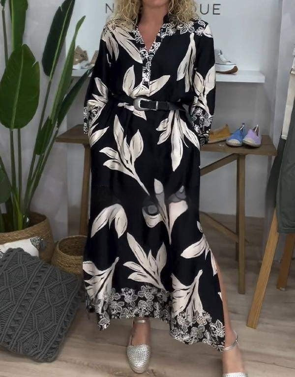 European And American Women's Clothing Spring And Autumn Sexy V-neck Plant Print Long Sleeve Dress