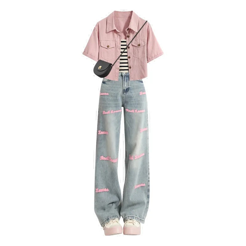 Color Denim Jacket Inner Suspender With Jeans Three-piece Set