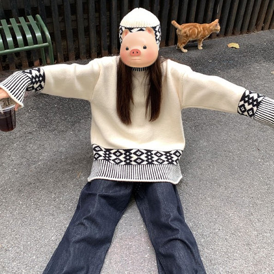 Women's Korean-style Loose Casual Round Neck Brocade Sweater