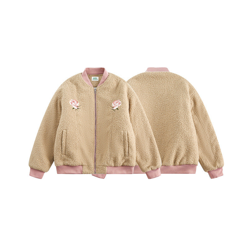 Contrast Color Stand-up Collar Lamb Wool Cotton Coat
