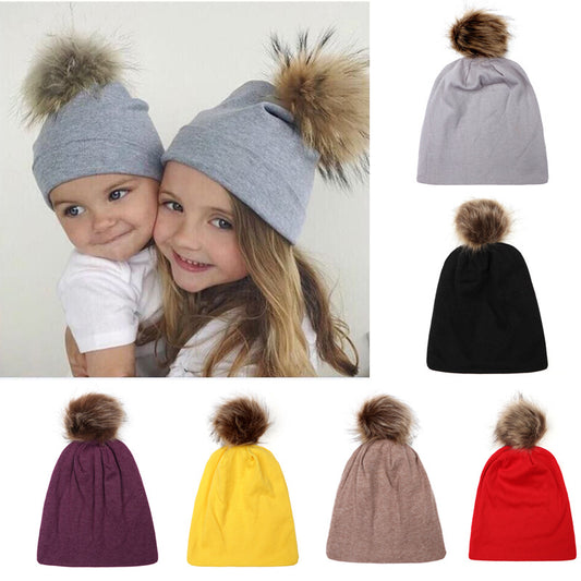 Double-layer Cotton Children's Pullover Hat Imitation Fox Fur Ball Hat