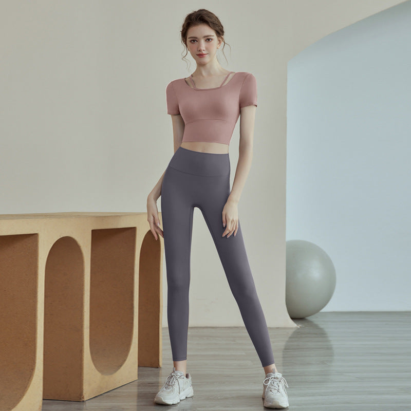 New Womens Solid-color Short-sleeve Yoga Set