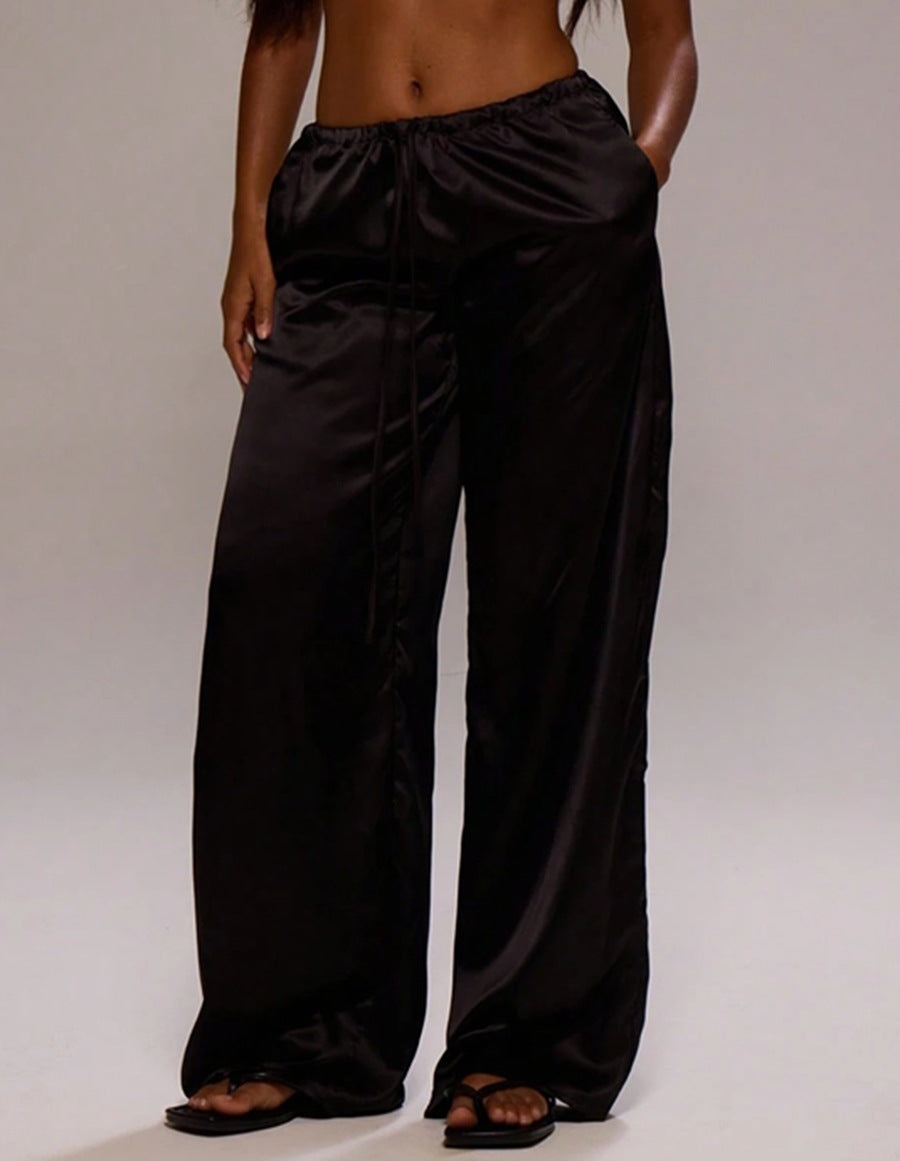 Satin Loose Wide Leg Drawstring Long Pants