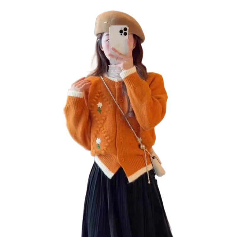 Embroidered Flower Sweater Coat For Women