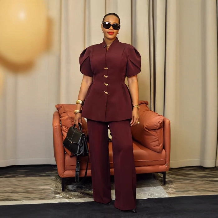 Elegant Commuter Two-Piece Set Womens Top With Bud Sleeves And Pants