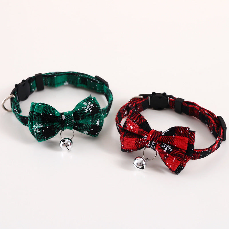 Pet Adjustable Anti-suffocation Double-layer Bow Snowflake Plaid Christmas Collar Cat Dog Bell Accessories Necklace