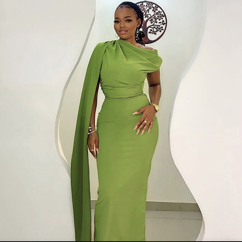 Slim Fit Elegant Solid Color One Shoulder Long Dress