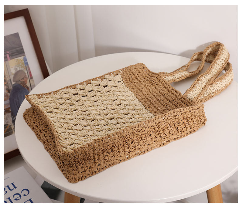 Color Matching Hollow Out Crochet One Shoulder Straw Bag