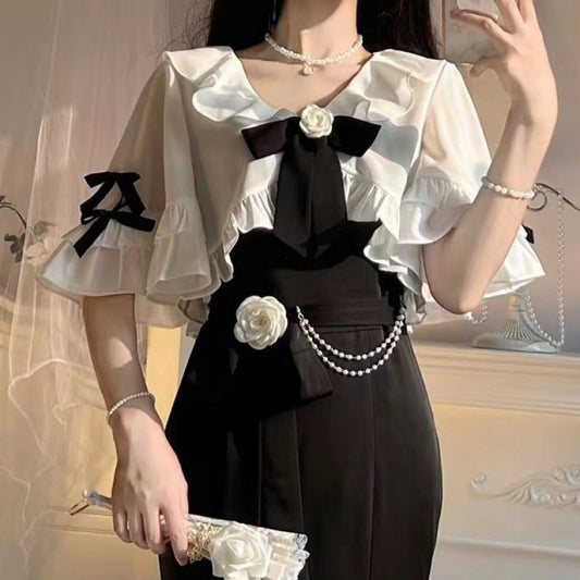 French Style Super Fairy Ruffled Stitching Shawl Fishtail Skirt Two-piece Set