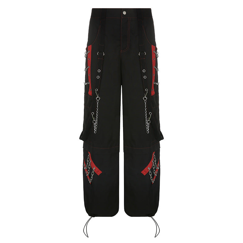 Heavy Industry Dark Contrast Color Ribbon Metal Decorative Chain Stitching Ankle Banded Pants Female