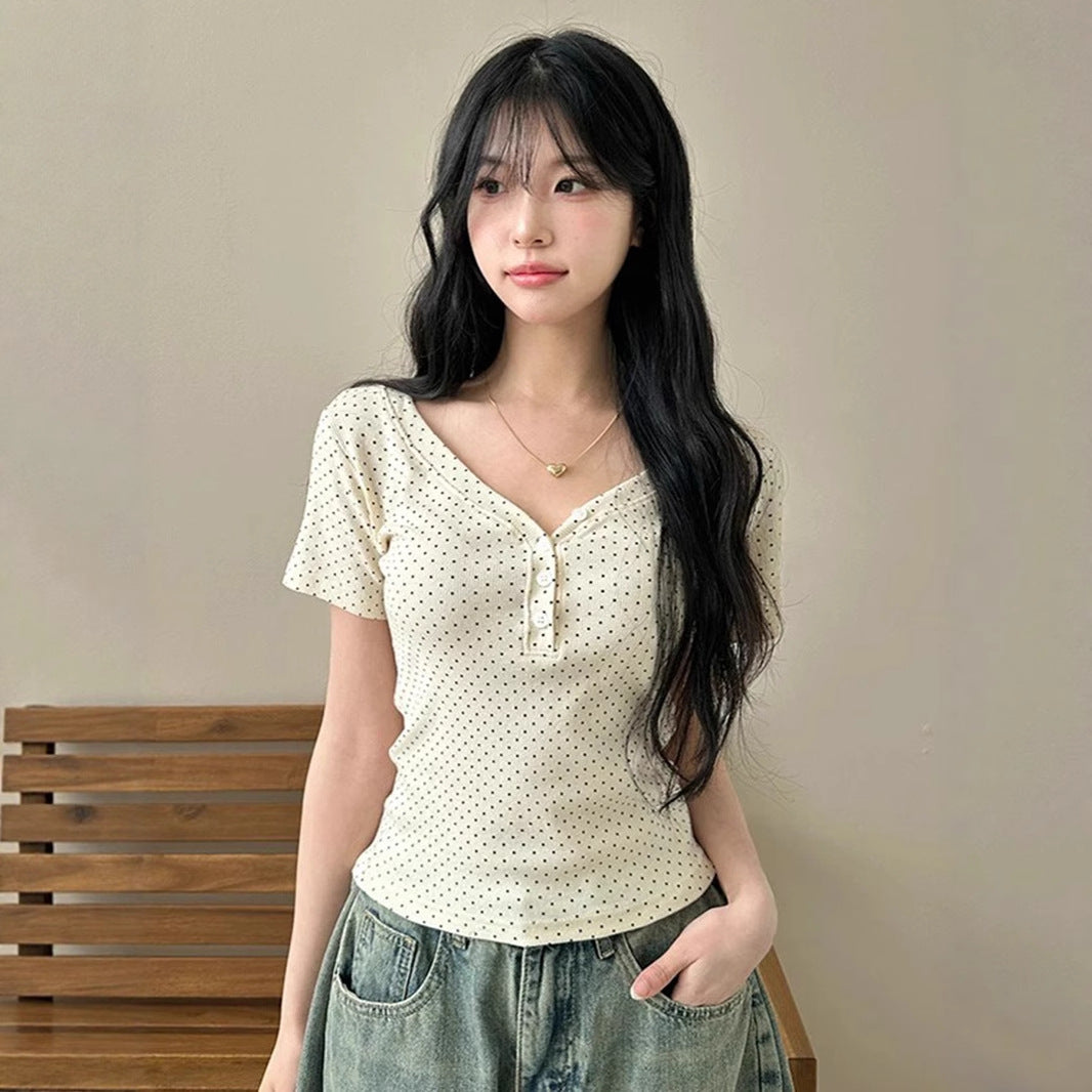 Polka Dot V-collar Contrast Color All-match Short Sleeve