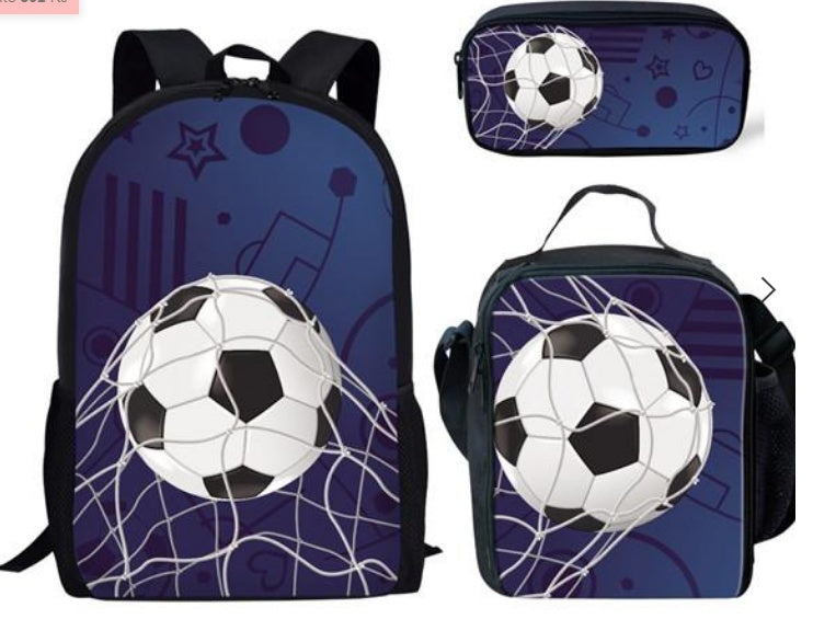 Football Print Children's Three-piece Backpack Satchel Big Pen Bag Student Backpack