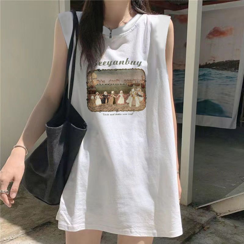 Ærmeløs Vest-T-shirt med Løse Trykte Bogstaver