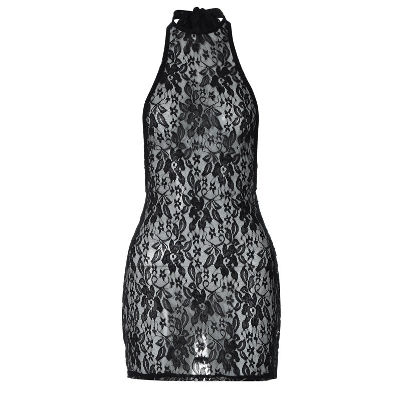 Womens Sexy Backless Lace See-Through Halter Dress