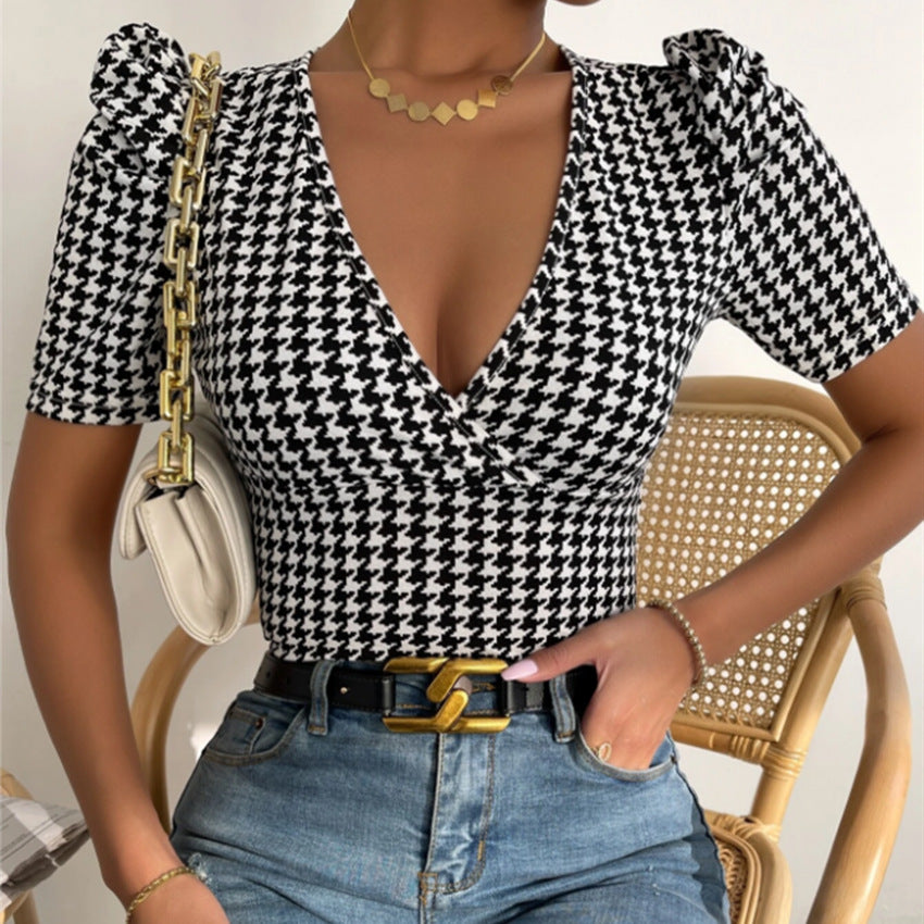 Stand-up Low-cut V-neck Slim Thousand Bird Lattice Short-sleeved T-shirt
