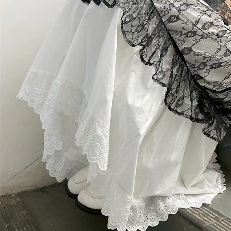 Spring White Lace Trim Tiered Skirt