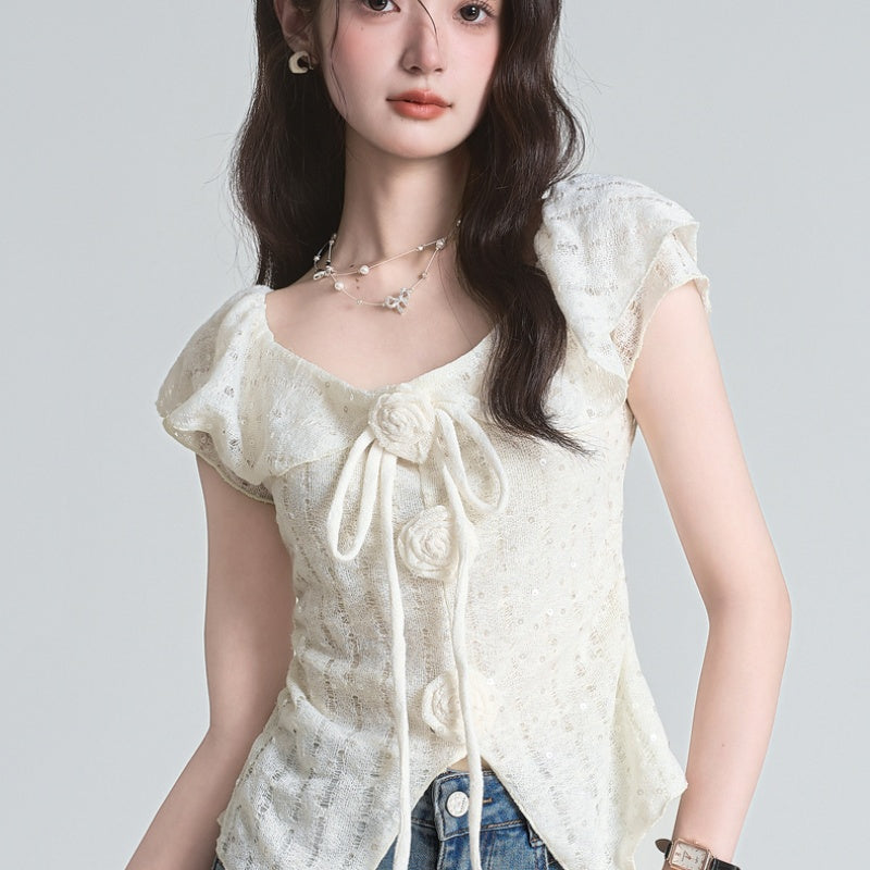 French Style Three-dimensional Flower Strap Short Sleeve