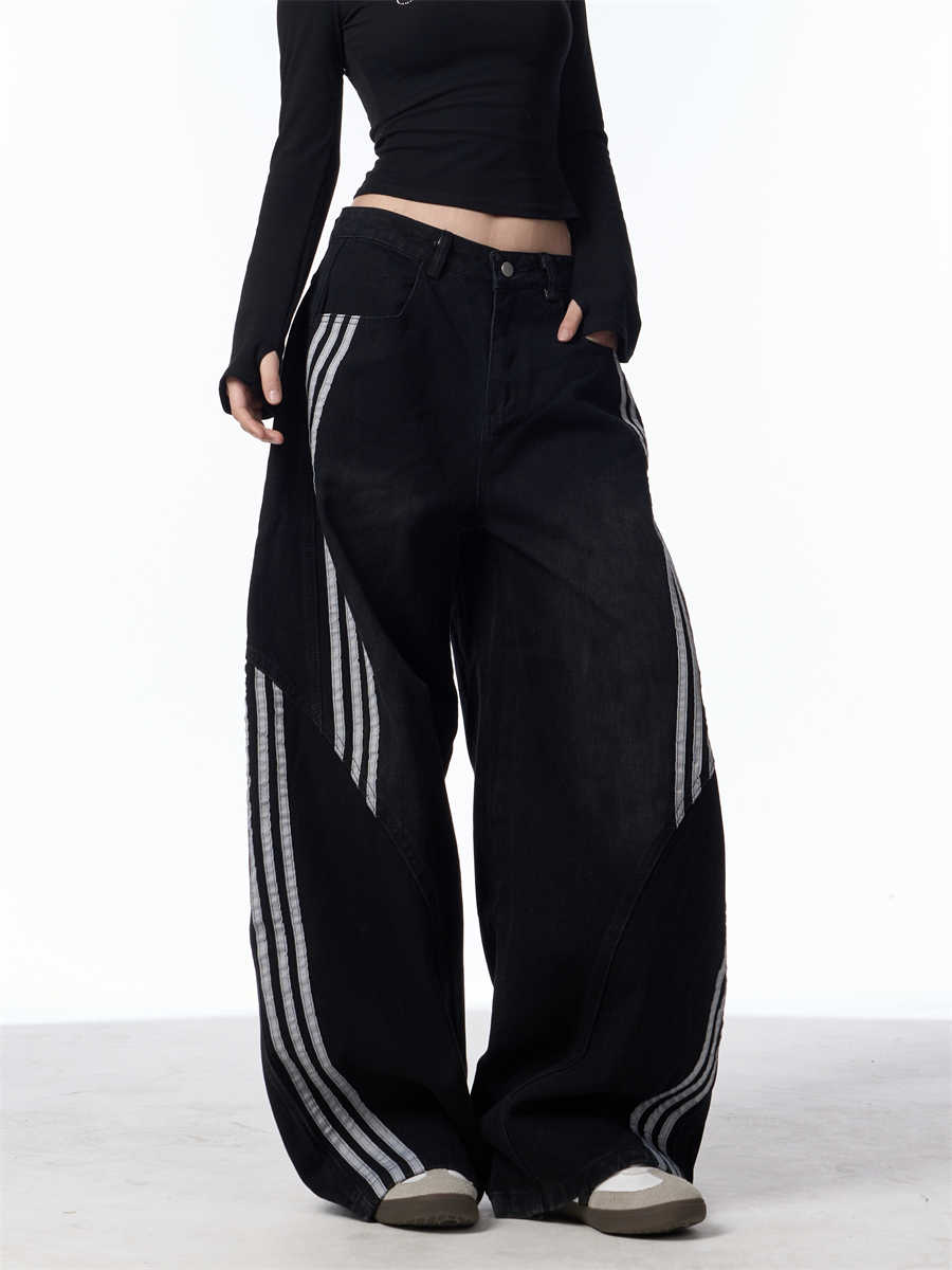 Retro Washed Jeans Women's Striped Stitching Wide-leg Pants
