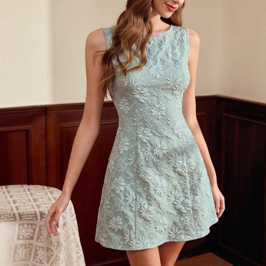 Floral French Minimalist Jacquard Sleeveless Dress